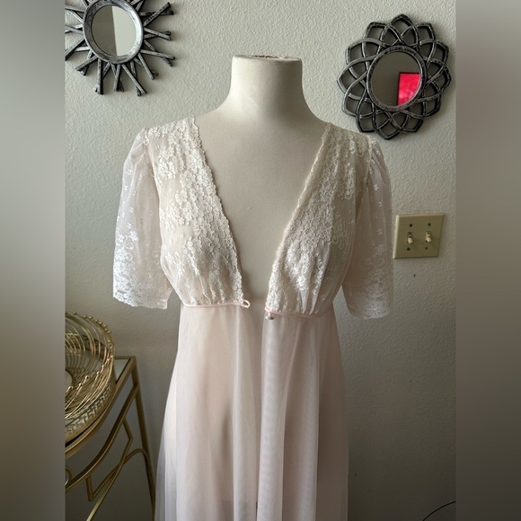 1960's Empire Waist Peignoir Val Mode Robe 2 Layer Sheer Chiffon Nylon Lace Sz M - Picture 4 of 4
